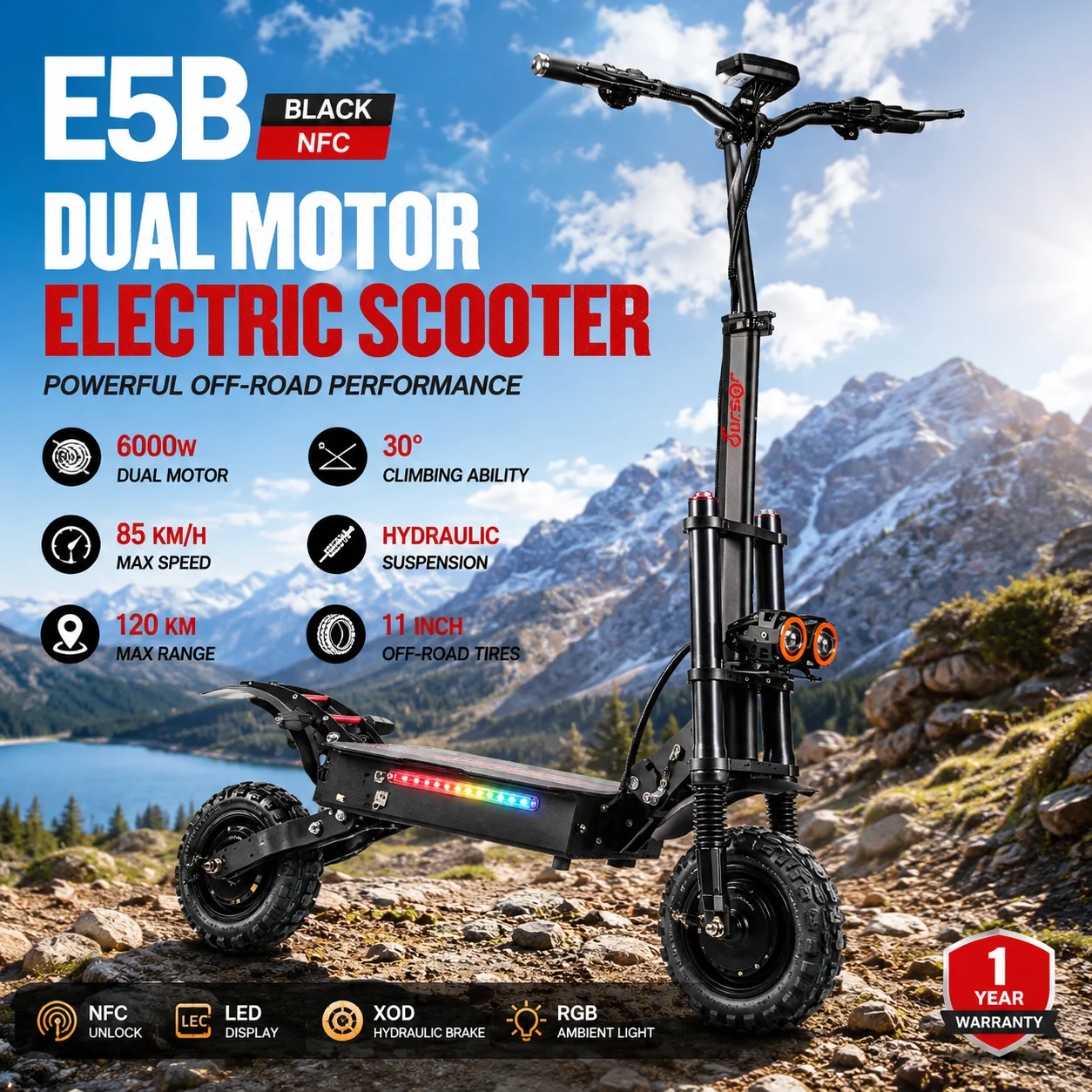 E5B High Speed Electric Scooter 3000W×2 Dual Motor 60V 35Ah Lithium Battery 150KG Load Color LCD Dual Drive Mode
E5B High Speed Electric Scooter 3000W×2 Dual Motor 60V 35Ah Lithium Battery 150KG Load Color LCD Dual Drive Mode