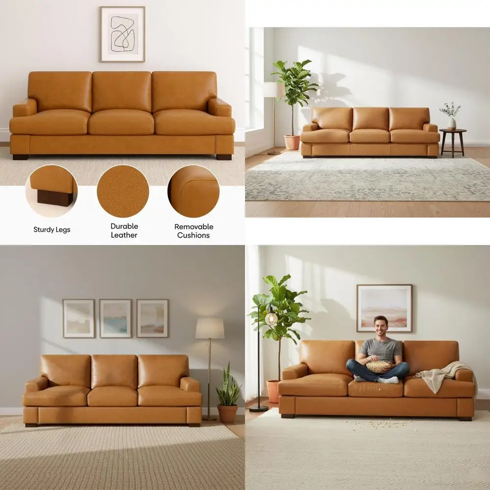 Elegant Tan Leather Sofa - Plush Goose Down Cushions, Square Arms, Solid Wooden Legs, Perfect for Living Spaces
Elegant Tan Leather Sofa - Plush Goose Down Cushions, Square Arms, Solid Wooden Legs, Perfect for Living Spaces