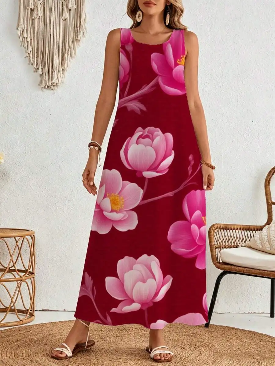 Sleeveless Maxi Dress Red Pink Peony Floral Print Summer Beach Vacation Wear
Sleeveless Maxi Dress Red Pink Peony Floral Print Summer Beach Vacation Wear