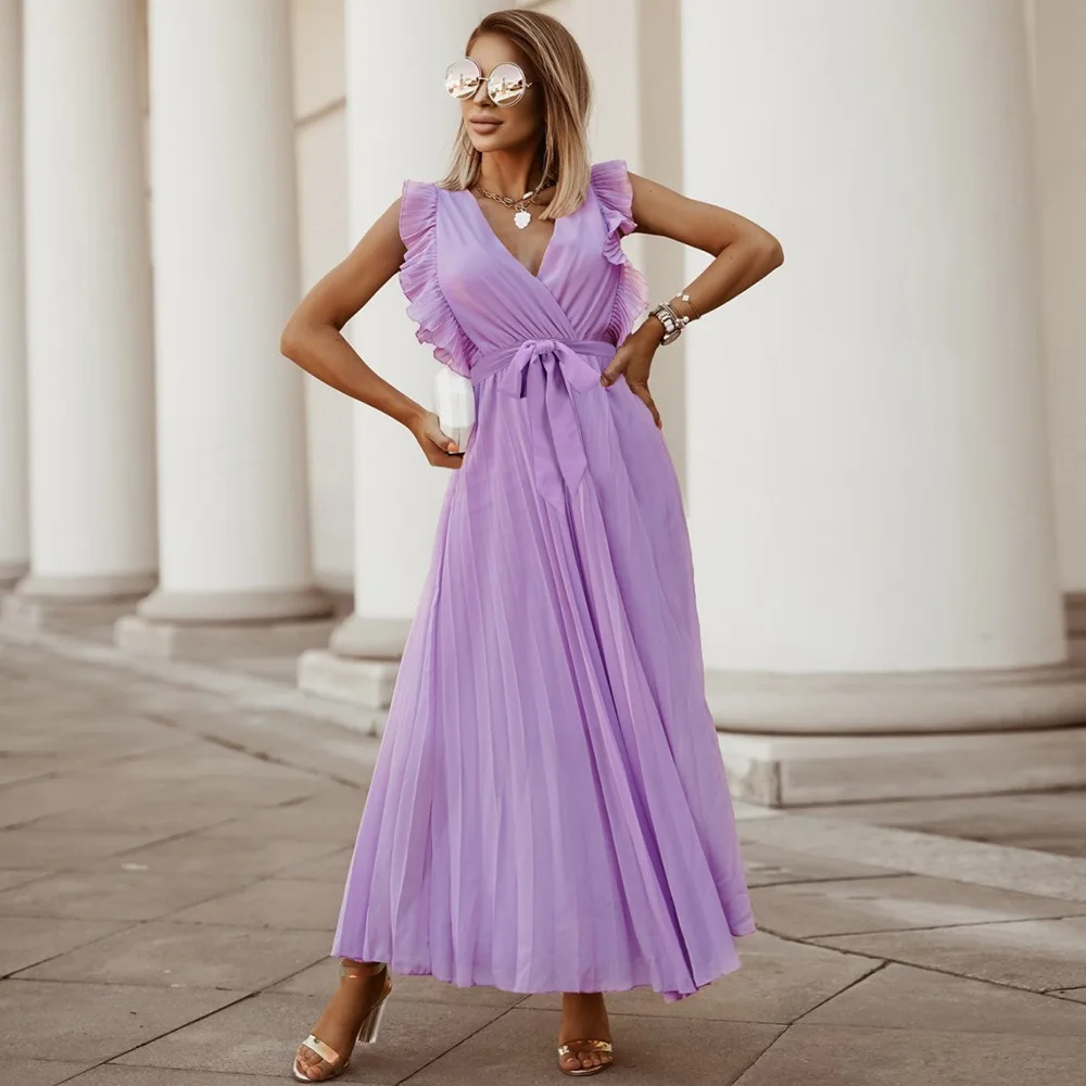 Fashion Elegant Women Dress Sleeveless V Neck Long Summer Dress Sexy Pleat Party Dress Female Chiffon Maxi Bodycon with Belt
Fashion Elegant Women Dress Sleeveless V Neck Long Summer Dress Sexy Pleat Party Dress Female Chiffon Maxi Bodycon with Belt