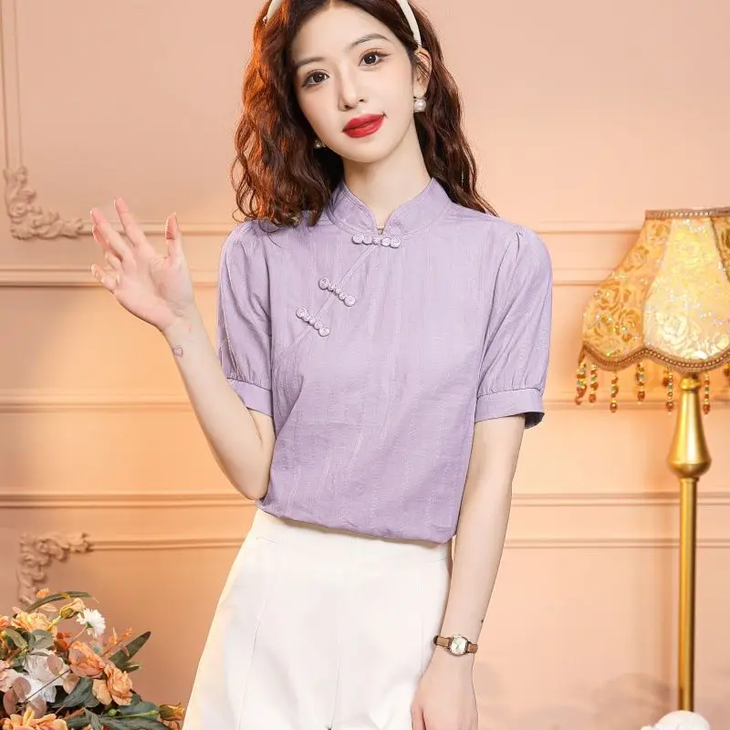 Women's Linen Blouse Chinese Style Mandarin Collar with Frog Buttons Puff Short SleevesYY251
Women's Linen Blouse Chinese Style Mandarin Collar with Frog Buttons Puff Short SleevesYY251