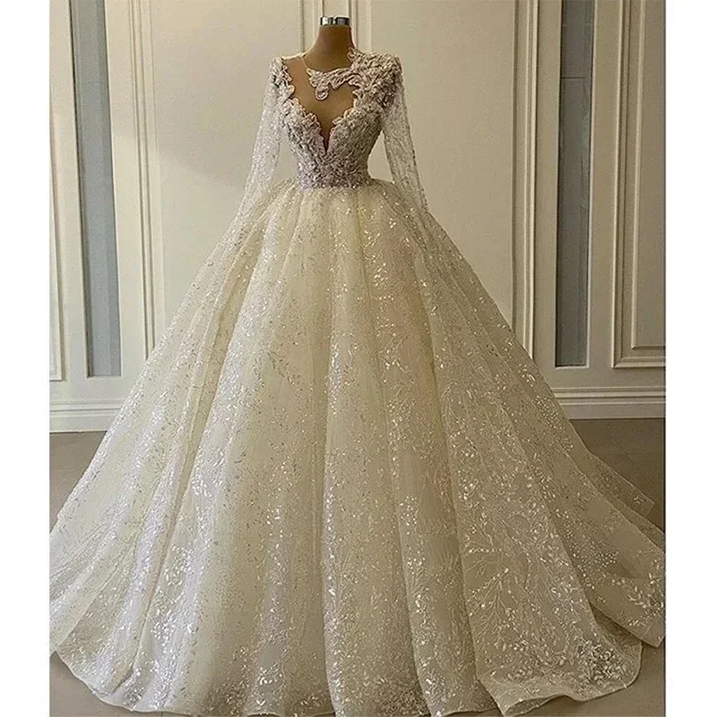 Flavinke Customized Long Sleeve Wedding Dresses Ball Gown O-neck Sequins Tulle Lace Applique Bride Dresses Vestidos De Noiva
Flavinke Customized Long Sleeve Wedding Dresses Ball Gown O-neck Sequins Tulle Lace Applique Bride Dresses Vestidos De Noiva