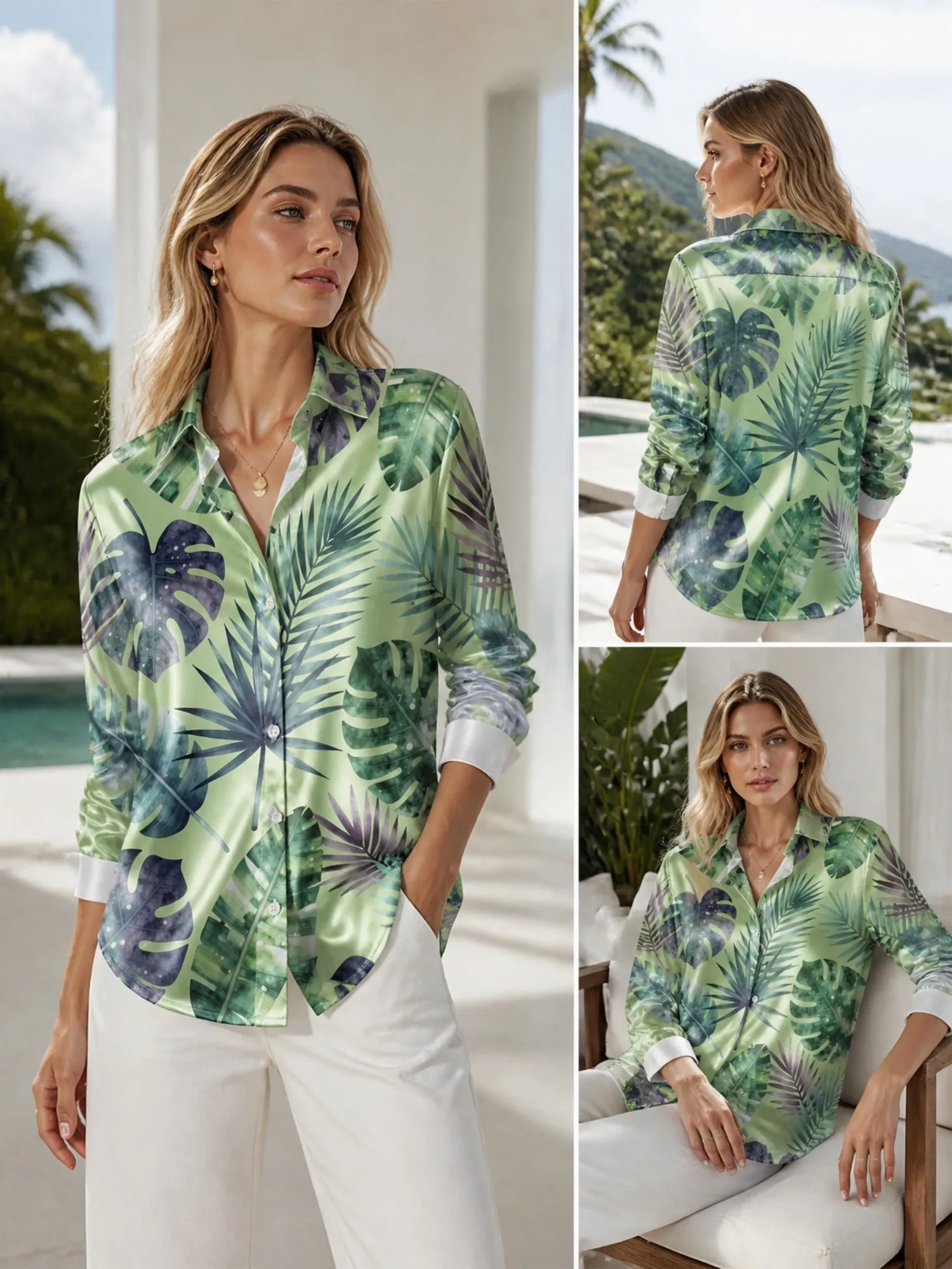 Light Green Tropical Leaf Satin Blouse for Women Long Sleeve Button Down Shirt Resort Vacation Silky Top
Light Green Tropical Leaf Satin Blouse for Women Long Sleeve Button Down Shirt Resort Vacation Silky Top