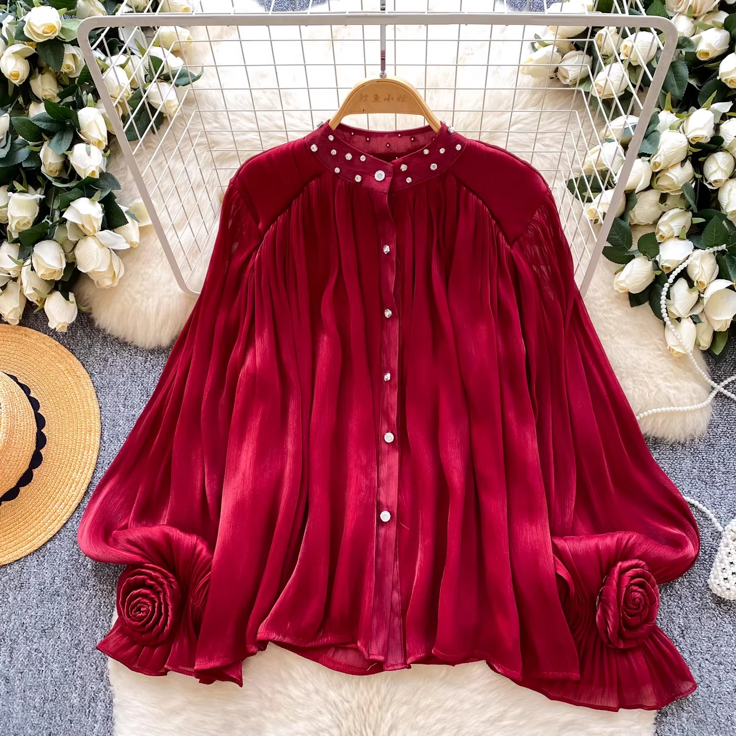 French-style Bell sleeve Rhinestone Pleated Shirt Breathable Loose Fit Women Top
French-style Bell sleeve Rhinestone Pleated Shirt Breathable Loose Fit Women Top