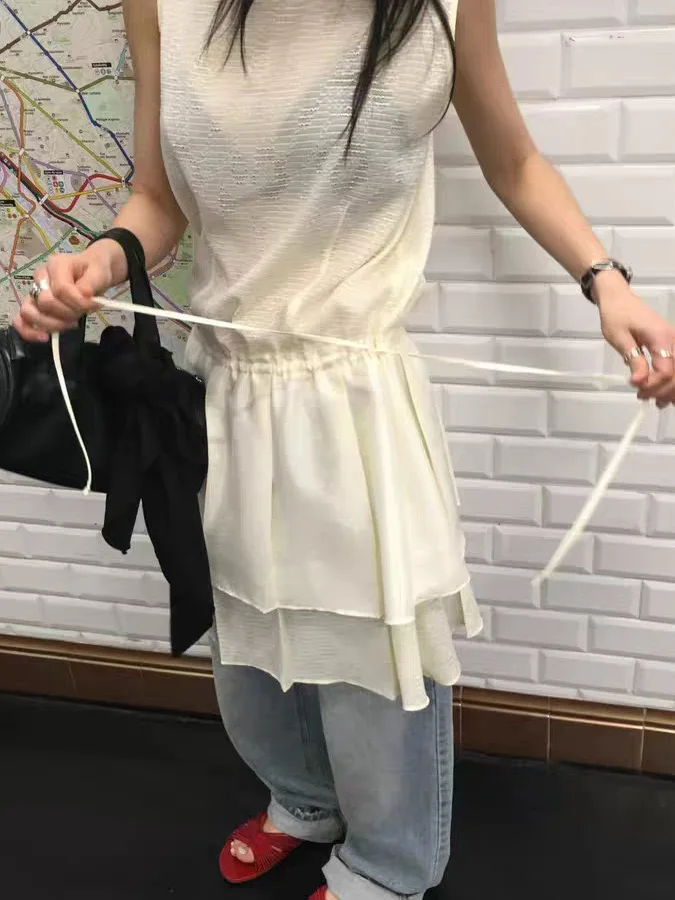 Textured Sleeveless Vest Dress Women's Waist Cinching Rope Slimming Double Layered Hem Short Skirt City Walk Summer Dress
Textured Sleeveless Vest Dress Women's Waist Cinching Rope Slimming Double Layered Hem Short Skirt City Walk Summer Dress