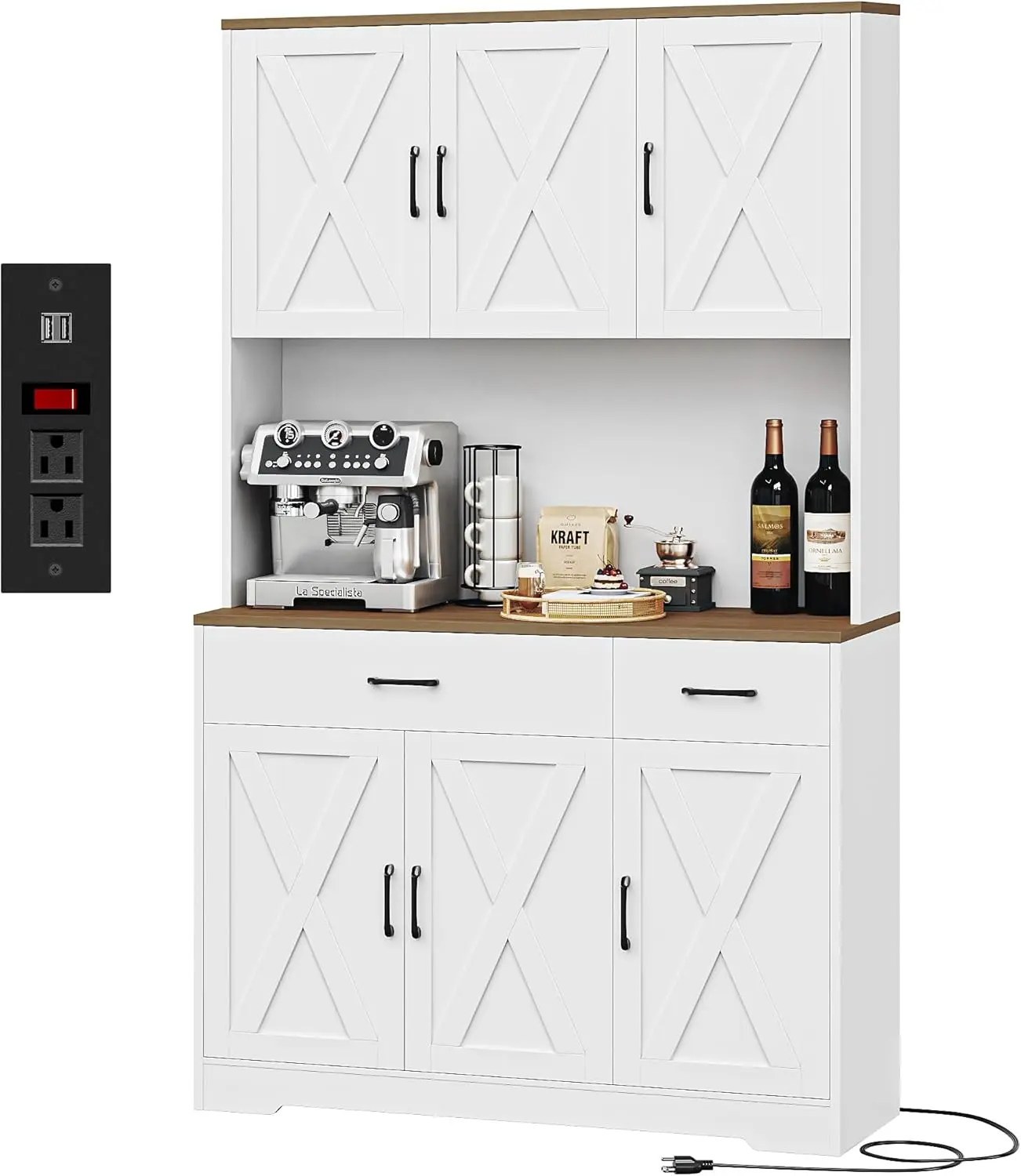 Tall White Kitchen Cabinet with Charging Station, Microwave Stand & Storage Drawers for Living Room and Dining Area
Tall White Kitchen Cabinet with Charging Station, Microwave Stand & Storage Drawers for Living Room and Dining Area