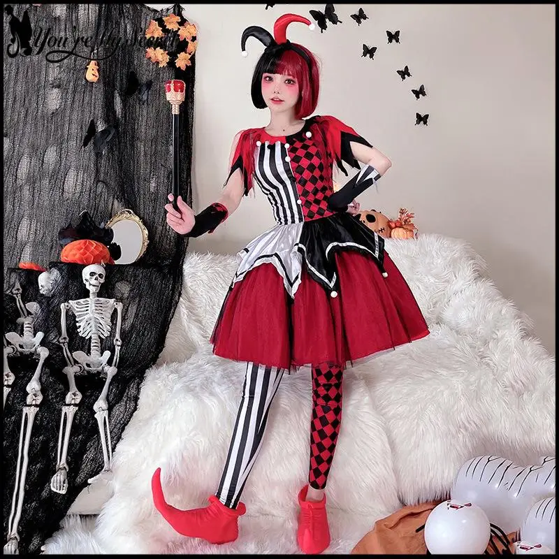 Funny Halloween Clown Lolita Suit Women's Clown Cosplay Costumes Patchwork Striped Dress with Headgear Sock Carnival Uniform
Funny Halloween Clown Lolita Suit Women's Clown Cosplay Costumes Patchwork Striped Dress with Headgear Sock Carnival Uniform