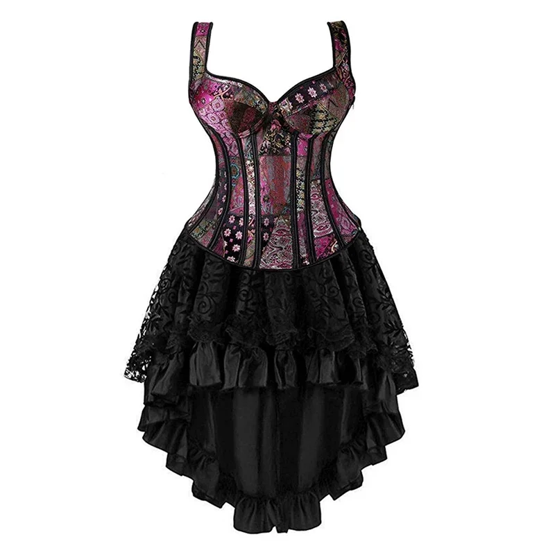 Women Sexy Straps Cup Overbust Corset Top With Lace Skirt Set Gothic Floral Corsets Dress Vintage Costume Set Dress
Women Sexy Straps Cup Overbust Corset Top With Lace Skirt Set Gothic Floral Corsets Dress Vintage Costume Set Dress