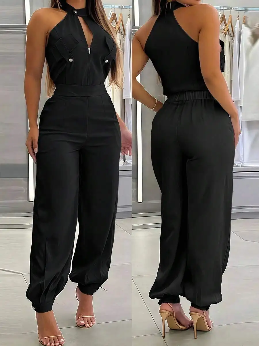 Black Halter Neck Top with Zipper Detail and Wide-Leg Drawstring Pants Set
Black Halter Neck Top with Zipper Detail and Wide-Leg Drawstring Pants Set