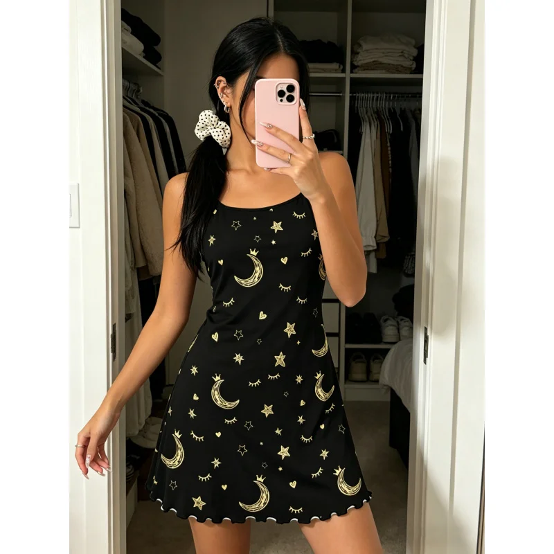 Women Summer Nightdress Spaghetti Strap Ruffle Trim Round Neck Home Loungewear Sleep Dress Pink Watercolor Floral Print
Women Summer Nightdress Spaghetti Strap Ruffle Trim Round Neck Home Loungewear Sleep Dress Pink Watercolor Floral Print