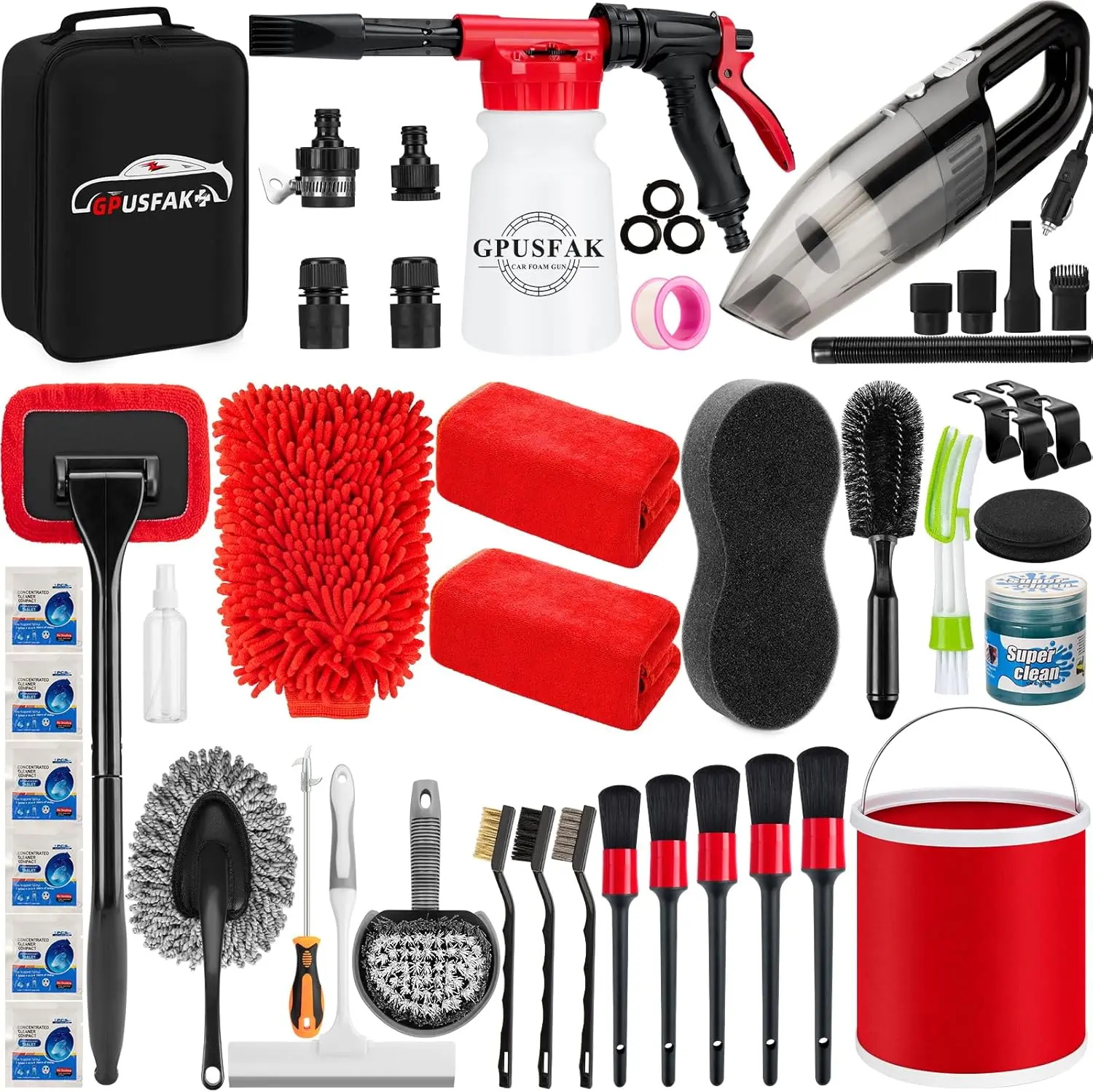 46-Piece Car Wash Kit with Foam Gun, Vacuum, Bucket & Brushes for Complete Interior Exterior Cleaning
46-Piece Car Wash Kit with Foam Gun, Vacuum, Bucket & Brushes for Complete Interior Exterior Cleaning