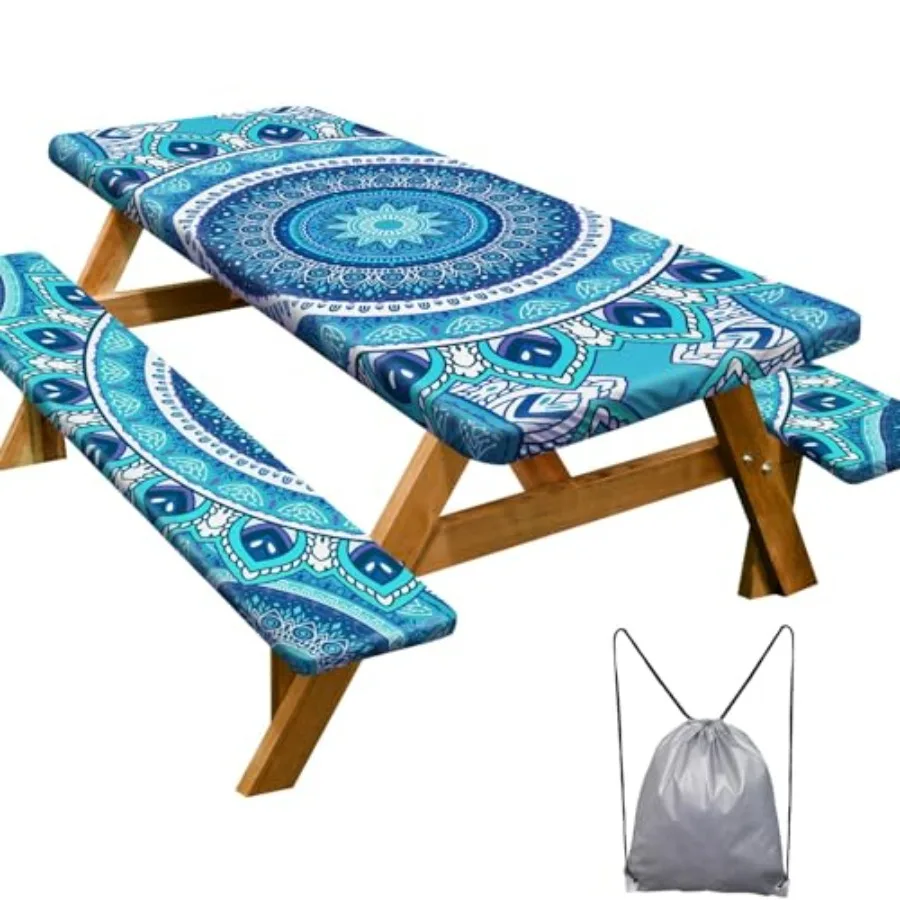 Picnic Table Cover with Bench Covers Camping Essentials Waterproof Windproof Camping Tablecloth with Drawstring Bag, Fitted Rec