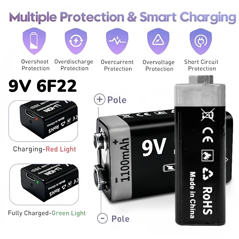 9V Rechargeable Battery 1100mAh USB Type-C Li-ion, Compatible with 6F22 for Multimeter, RC Toys, Guitar Pedal, Microphone
9V Rechargeable Battery 1100mAh USB Type-C Li-ion, Compatible with 6F22 for Multimeter, RC Toys, Guitar Pedal, Microphone