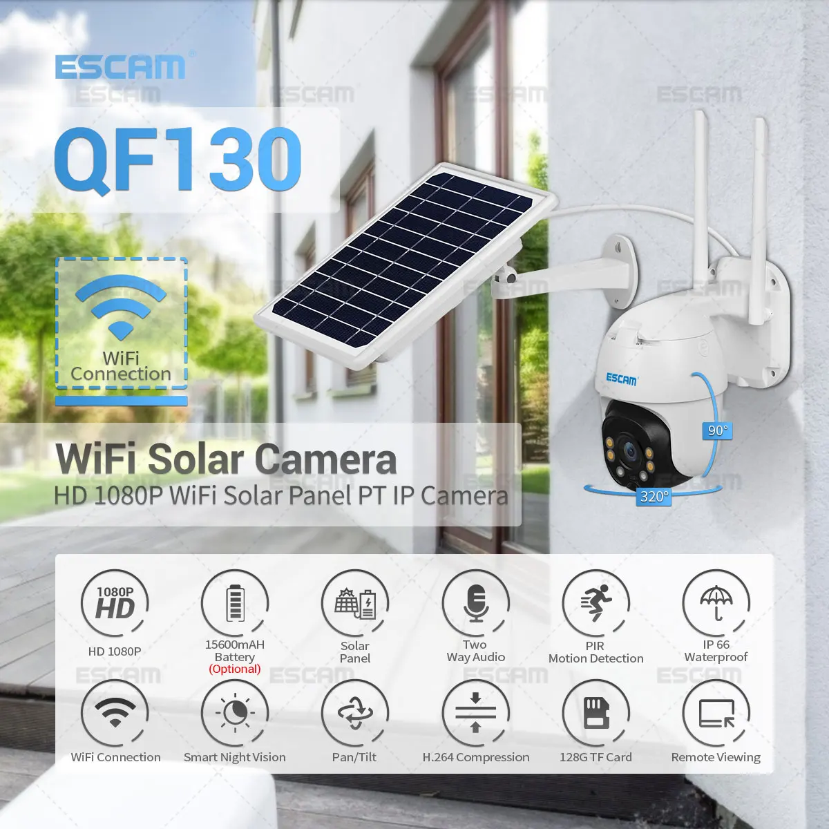ESCAM QF130 1080P PIR Alarm Wifi IP Camera with Solar Panel Full Color Night Vision Two Way Audio IP66 Outdoor Solar Camera
ESCAM QF130 1080P PIR Alarm Wifi IP Camera with Solar Panel Full Color Night Vision Two Way Audio IP66 Outdoor Solar Camera