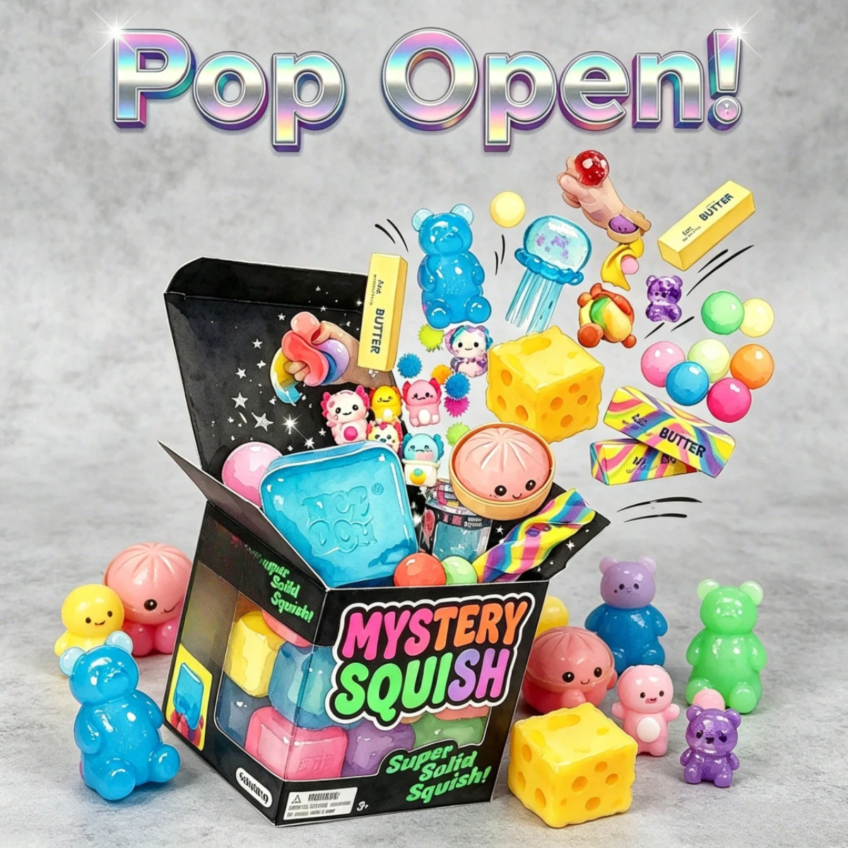 Pop Open Mystery Squish Surprise Box, 1 Random Super Solid Squeeze Toy per Box, Cute Bear Cheese Butter Squishies, Stress Relief Sensory Fidget Toy for Party Favor Classroom Rewards
Pop Open Mystery Squish Surprise Box, 1 Random Super Solid Squeeze Toy per Box, Cute Bear Cheese Butter Squishies, Stress Relief Sensory Fidget Toy for Party Favor Classroom Rewards