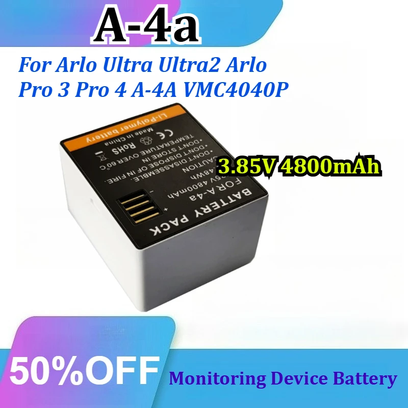 A-4a for Arlo Ultra Ultra2 Arlo Pro 3 Pro 4 A-4A VMC4040P 3.85V 4800mAh Rechargeable Monitoring Device Battery
A-4a for Arlo Ultra Ultra2 Arlo Pro 3 Pro 4 A-4A VMC4040P 3.85V 4800mAh Rechargeable Monitoring Device Battery