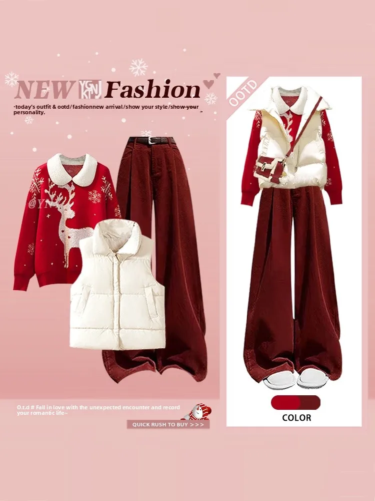 Red Knitted Sweater Vest Wide Leg Pants Three Piece Set Women's Retro New Year's Fashion Ensemble Winter New Arrival
Red Knitted Sweater Vest Wide Leg Pants Three Piece Set Women's Retro New Year's Fashion Ensemble Winter New Arrival