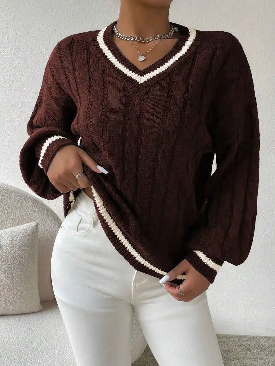 Brown Cable Knit V-Neck Long Sleeve Casual Sweater With Contrast Trim
Brown Cable Knit V-Neck Long Sleeve Casual Sweater With Contrast Trim