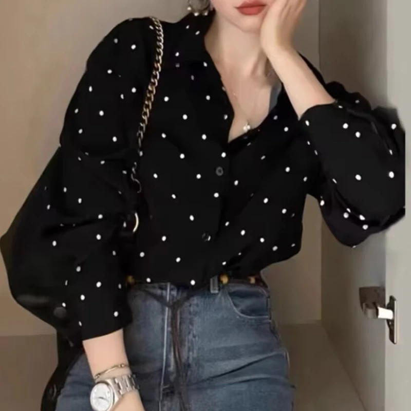 Весенне-осенняя повседневная шифоновая рубашка, женские рубашки, модная женская черная блузка с длинным рукавом в горошек, офисные женские топы
Весенне-осенняя повседневная шифоновая рубашка, женские рубашки, модная женская черная блузка с длинным рукавом в горошек, офисные женские топы