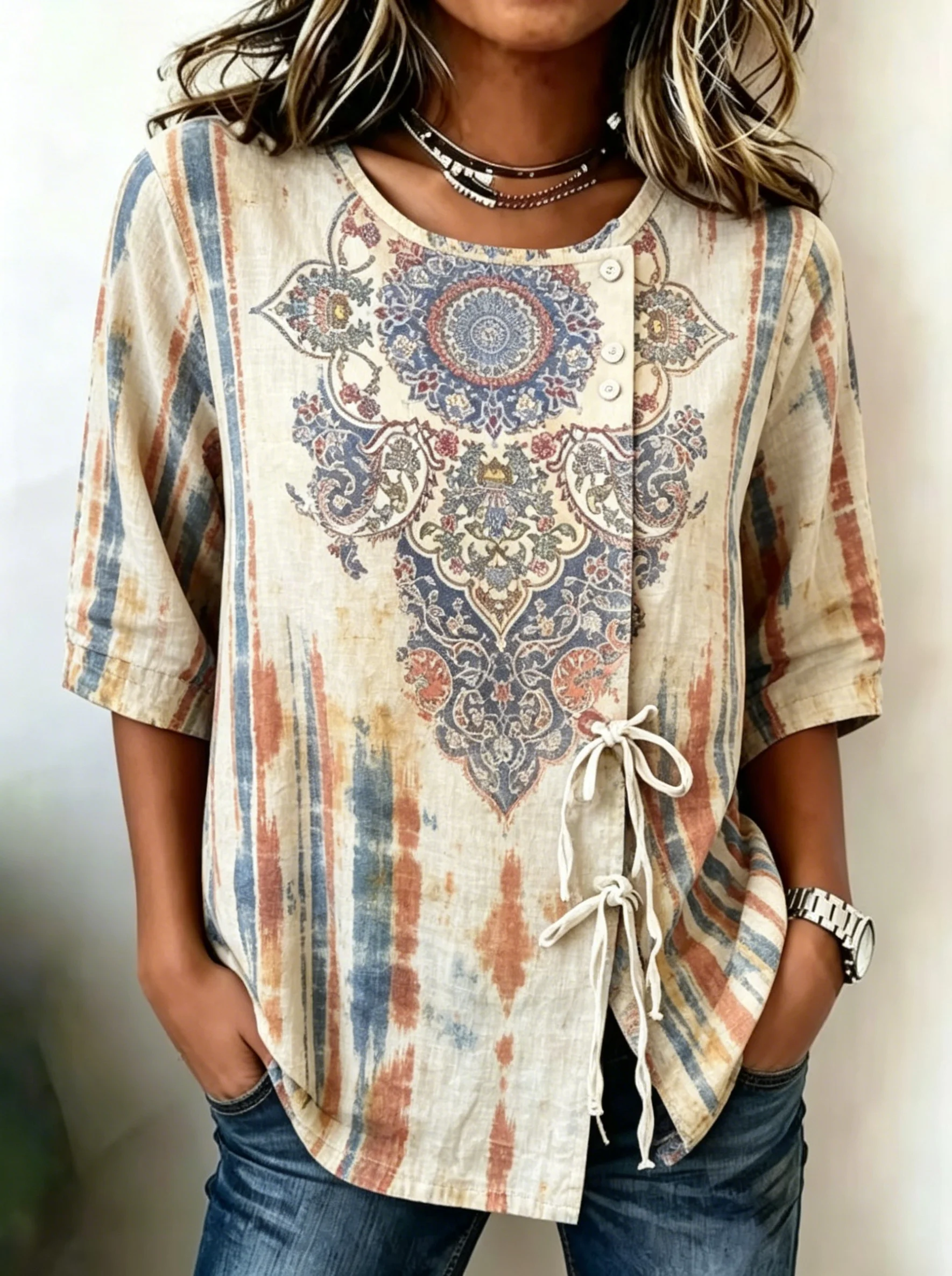 Women's Spring Summer Drawstring Blouse, Boho Tie-Dye Mandala Print Casual Tops for Daily Street Holiday Dating & Leisure Outfit
Women's Spring Summer Drawstring Blouse, Boho Tie-Dye Mandala Print Casual Tops for Daily Street Holiday Dating & Leisure Outfit