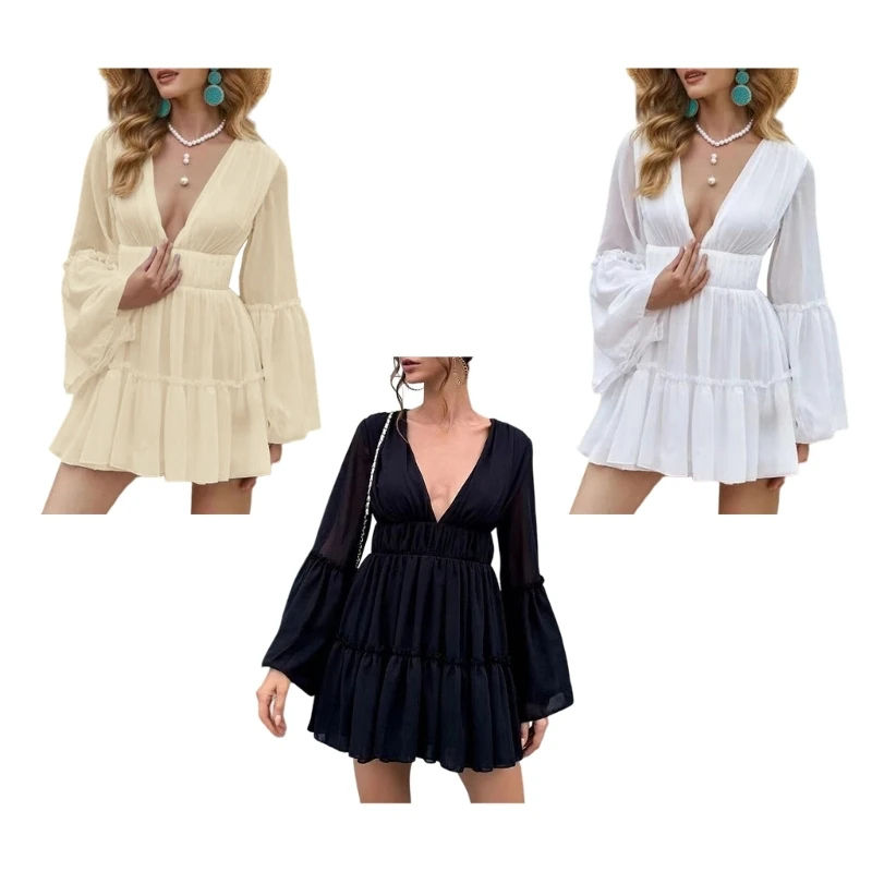 Summer Sun-dress Women Solid Color Seaside Dress Deep V-neck Long Sleeve Loose Sexy Sexy Style Polyester Maxi Dress
Summer Sun-dress Women Solid Color Seaside Dress Deep V-neck Long Sleeve Loose Sexy Sexy Style Polyester Maxi Dress