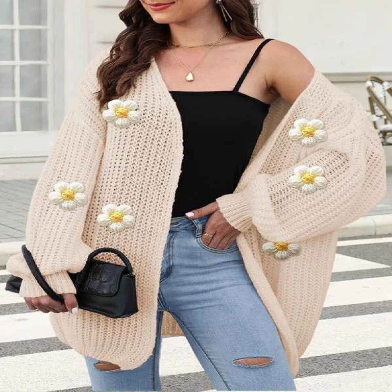 Female Sweaters Floral V-Neck Long Sleeve Sweater Open Front Knit Buttonless Trendy Sweater Outerwear 
Female Sweaters Floral V-Neck Long Sleeve Sweater Open Front Knit Buttonless Trendy Sweater Outerwear
