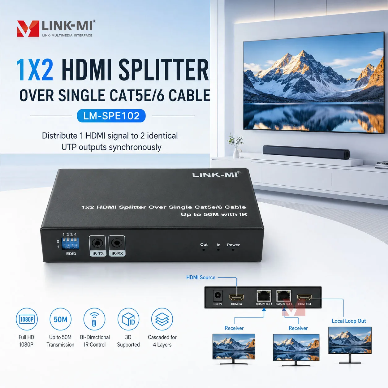 1x2 HDMI Splitter 50M Over Single Cat5e/6 Cable RJ45 Ethernet 1080P Video Splitter 1 transmitter 2 receiver
1x2 HDMI Splitter 50M Over Single Cat5e/6 Cable RJ45 Ethernet 1080P Video Splitter 1 transmitter 2 receiver