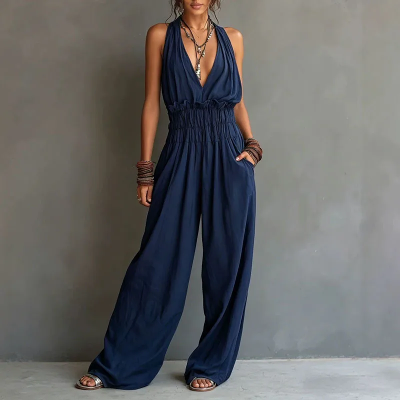 Women's Halter Jumpsuits Deep V-Neck Wrinkled Waist Wide Leg Pants Romper Casual Beach Vacation Loose Bohemian One-Piece Outfits
Women's Halter Jumpsuits Deep V-Neck Wrinkled Waist Wide Leg Pants Romper Casual Beach Vacation Loose Bohemian One-Piece Outfits