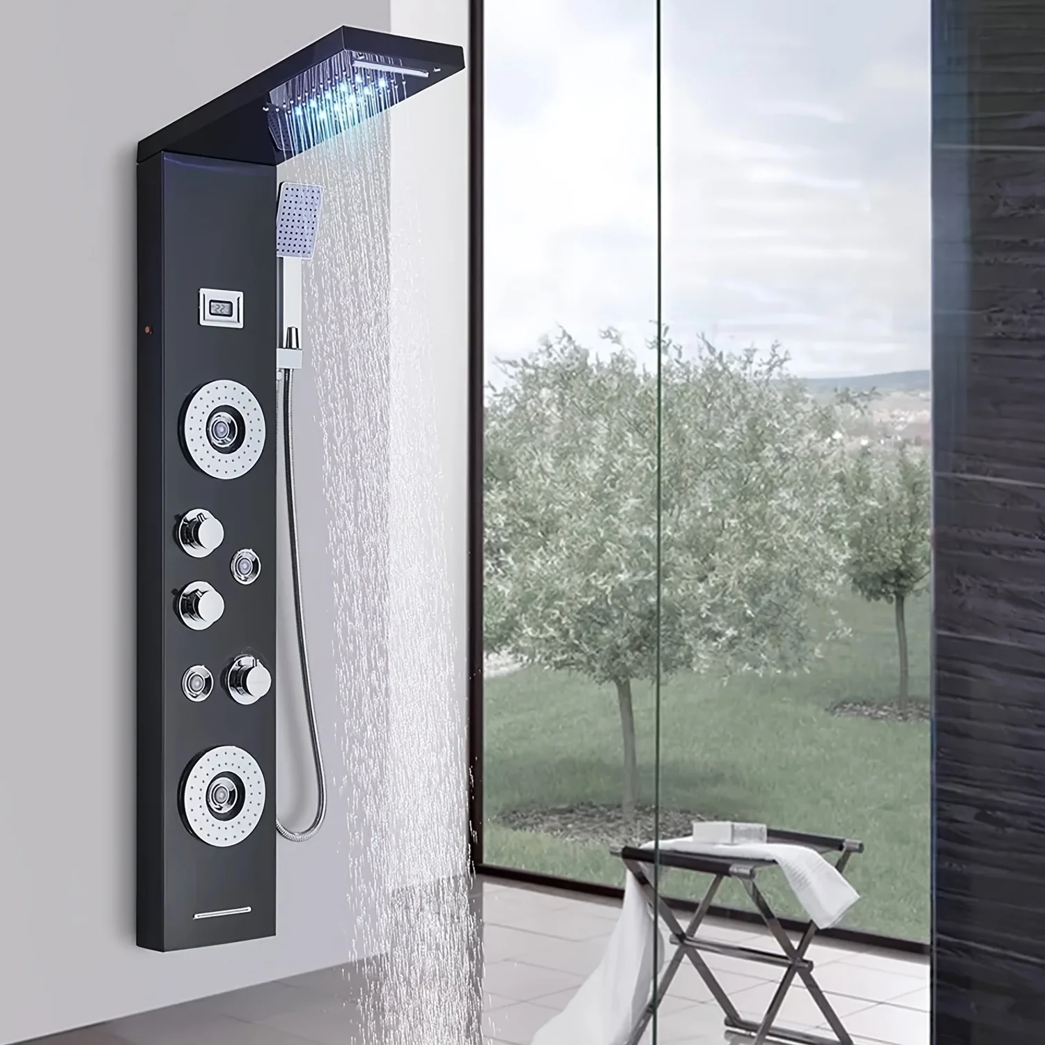 Shower Panel Tower System Stainless Steel Multi-Function, Wall Mounted Shower Panel 5 Shower Modes With Spout Rainfall Waterfall Massage Jets Tub Spout Hand Shower For Home Hotel Resort Split Type Matte Black & Brushed Nickel
Shower Panel Tower System Stainless Steel Multi-Function, Wall Mounted Shower Panel 5 Shower Modes With Spout Rainfall Waterfall Massage Jets Tub Spout Hand Shower For Home Hotel Resort Split Type Matte Black & Brushed Nickel