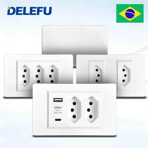DELEFU - Módulo Integrado de Interruptor de Enchufe de Pared con Carga Rápida USB Tipo C, Blanco, PC, Full-Paddle, Brasil, CAT6, 10A, 20A