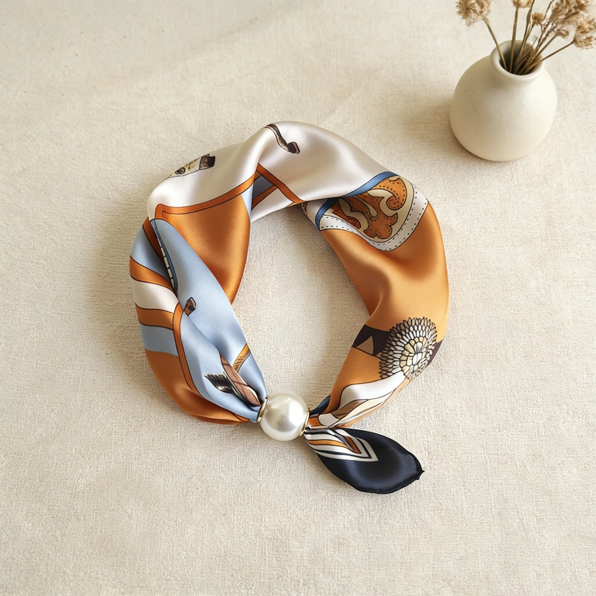 Fashion Silk Scarf Buckle Collarbone Neck Scarf Chain Thin Pearl Lazy Magnetic Pendant Wraps Headscarf Foulards Femme Brands
Fashion Silk Scarf Buckle Collarbone Neck Scarf Chain Thin Pearl Lazy Magnetic Pendant Wraps Headscarf Foulards Femme Brands