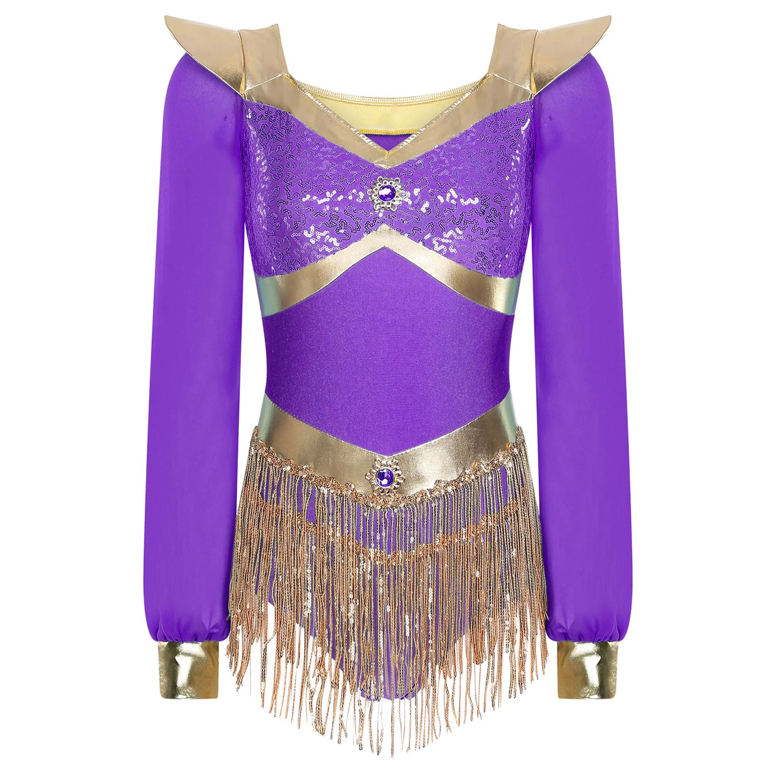 Arabian Princess Costume for Women Metallic Glossy Jumpsuit V Neck Sheer Chiffon Sleeves Rhinestone Tassels Cosplay Party Outfit
Arabian Princess Costume for Women Metallic Glossy Jumpsuit V Neck Sheer Chiffon Sleeves Rhinestone Tassels Cosplay Party Outfit