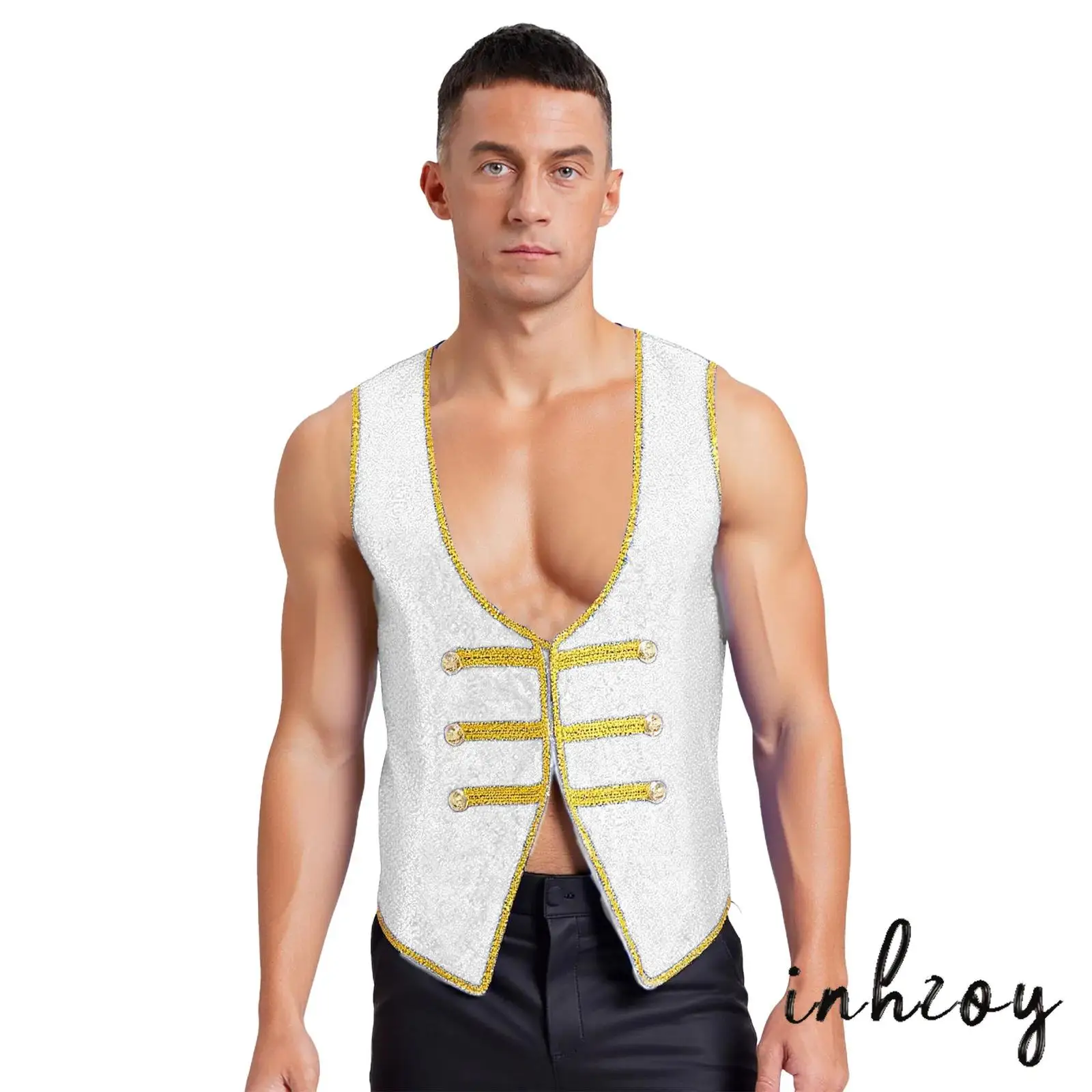 Mens Shiny Sequins Ringmaster Tailcoat Vest Asymmetrical Hem Gold Trim Sleeveless Jacket for Halloween Theme Party Cosplay
Mens Shiny Sequins Ringmaster Tailcoat Vest Asymmetrical Hem Gold Trim Sleeveless Jacket for Halloween Theme Party Cosplay