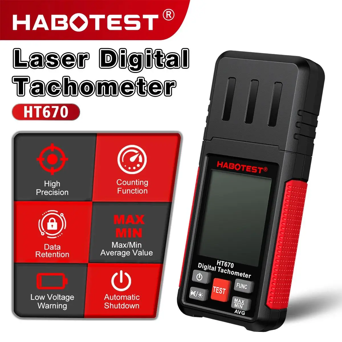 HABOTEST HT670 Digital Laser Tachometer Non-Contact RPM Meter 2.5-99999RPM with LCD Backlight for Motor Engine Speed Measurement
HABOTEST HT670 Digital Laser Tachometer Non-Contact RPM Meter 2.5-99999RPM with LCD Backlight for Motor Engine Speed Measurement