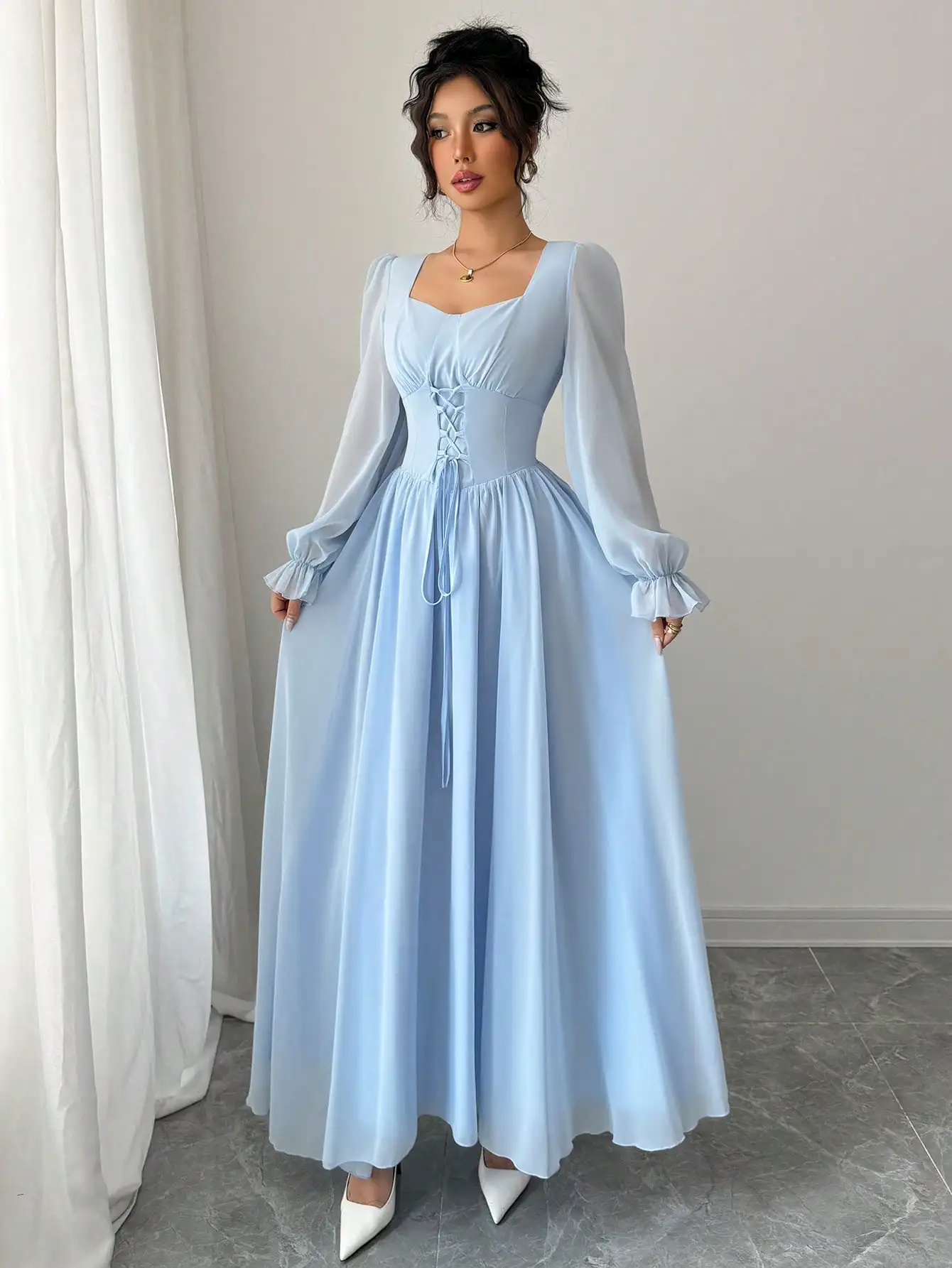 Elegant Blue Long Sleeve Maxi Dress with Corset Lace-Up Waist, Square Neck, Ruffled Cuffs for Spring Summer Events
Elegant Blue Long Sleeve Maxi Dress with Corset Lace-Up Waist, Square Neck, Ruffled Cuffs for Spring Summer Events