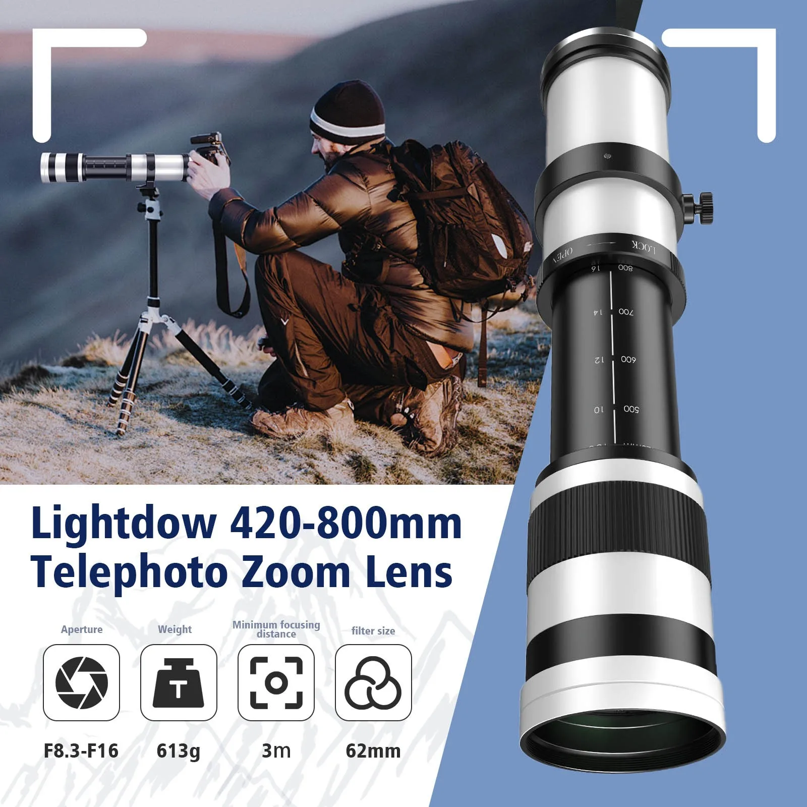 Lightdow 420-800 мм F8.3-16 Ручной супертелеобъектив с зумом для Canon Nikon Sony Универсальный размер фильтра 62 мм Легкий портативный
Lightdow 420-800 мм F8.3-16 Ручной супертелеобъектив с зумом для Canon Nikon Sony Универсальный размер фильтра 62 мм Легкий портативный
