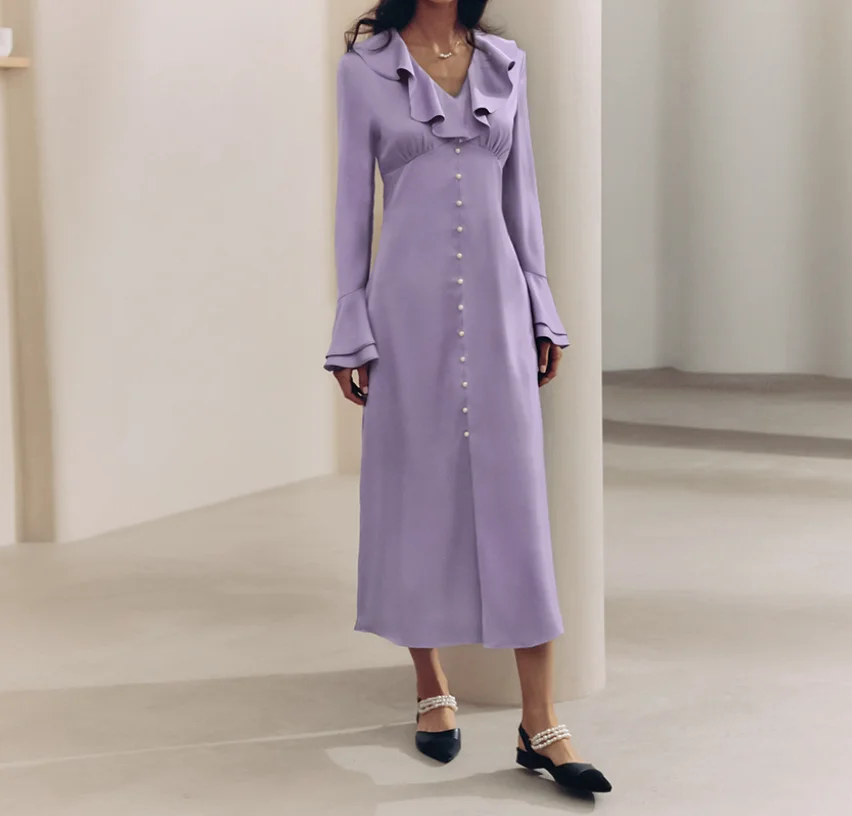 Womens Dresses 2025 Spring New Solid Color V-Neck Flared Sleeve High Waisted Ruffled Design Casual Long Sleeve Long Dress
Womens Dresses 2025 Spring New Solid Color V-Neck Flared Sleeve High Waisted Ruffled Design Casual Long Sleeve Long Dress