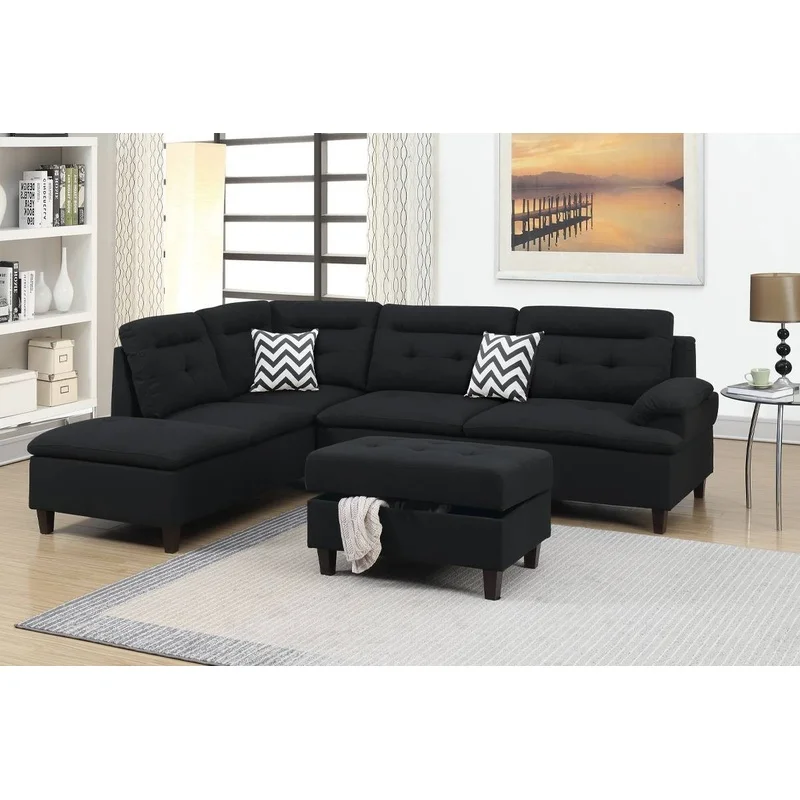 Black Linen-Style Sectional Sofa with Chaise and Ottoman
Black Linen-Style Sectional Sofa with Chaise and Ottoman