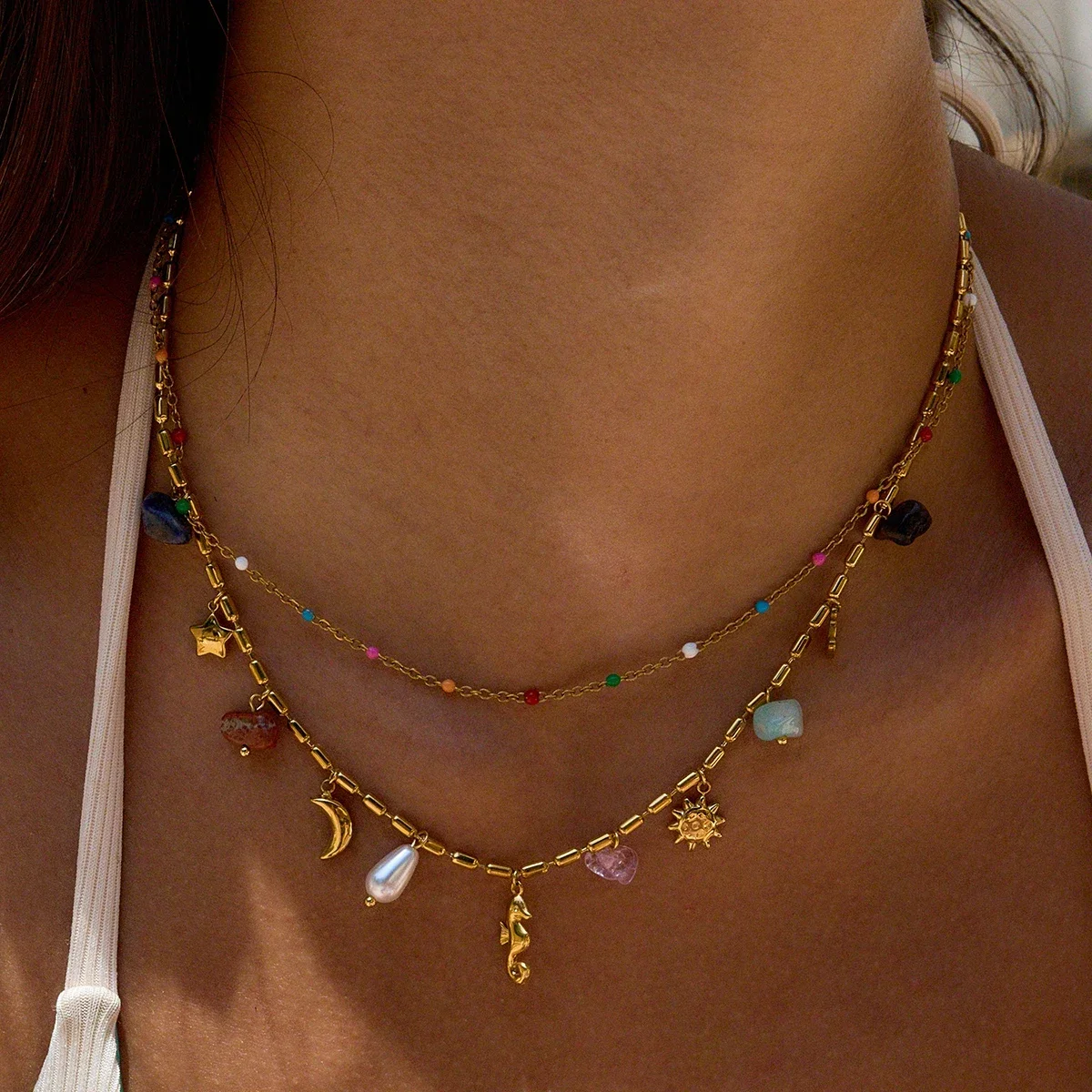Uworld Fashion Vacation Style 18K Gold Color Plated Stainless Steel Natural Color Stone Pendant Necklace Stackable Double layer
Uworld Fashion Vacation Style 18K Gold Color Plated Stainless Steel Natural Color Stone Pendant Necklace Stackable Double layer