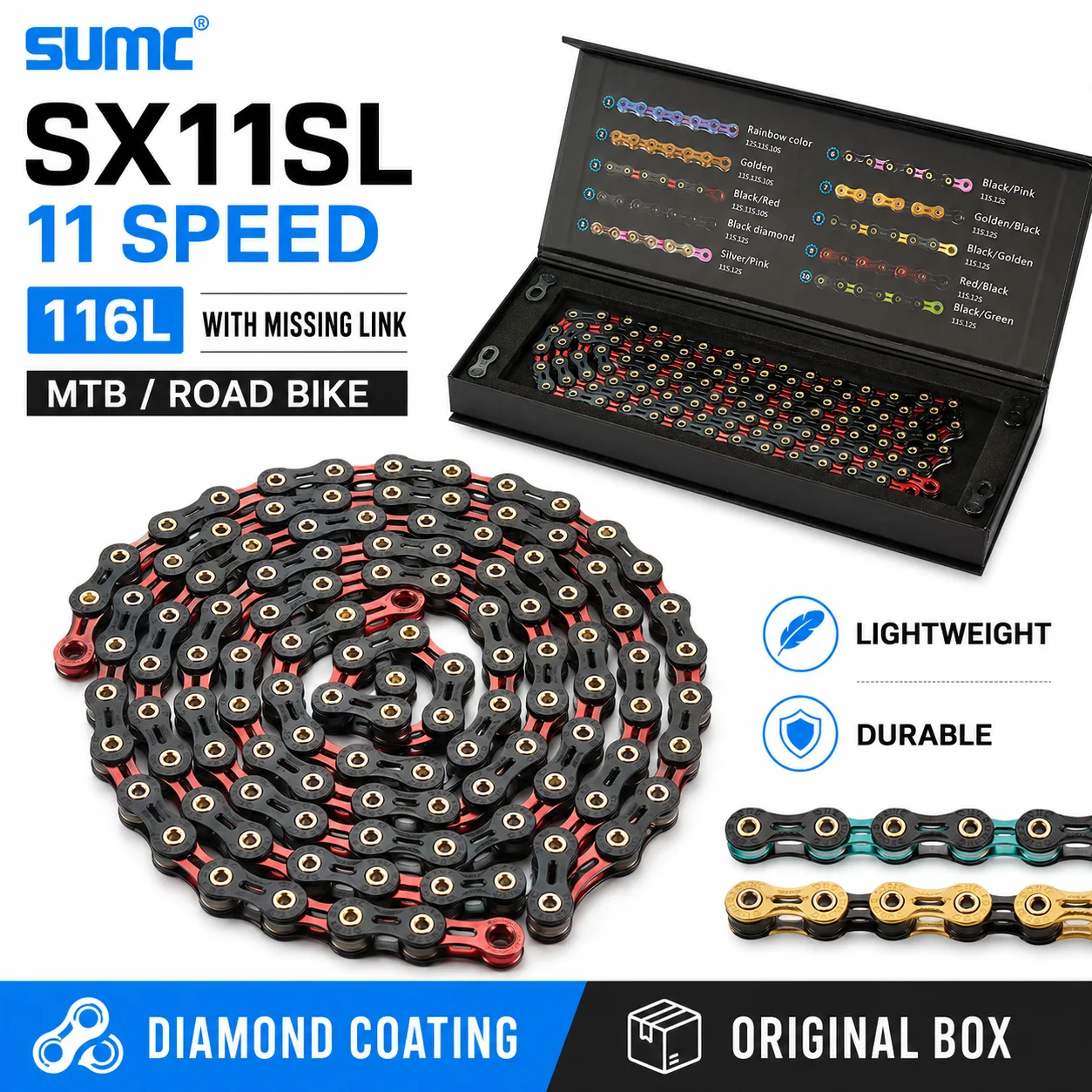 SUMC SX11SL 11 Speed Bicycle Chain 116L Diamond Color MTB Road Bike Chain Lightweight Durable With Missing Link Original Box
SUMC SX11SL 11 Speed Bicycle Chain 116L Diamond Color MTB Road Bike Chain Lightweight Durable With Missing Link Original Box