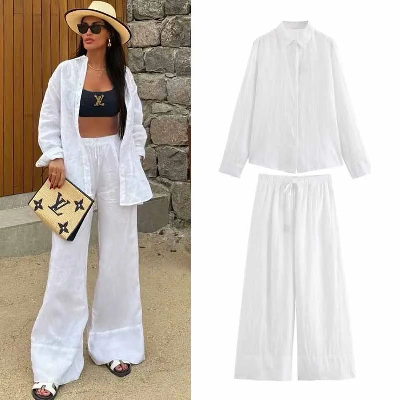 TRAF Linen Two Piece Set Long Sleeves Button Women Blouse And Wide Leg Lady Pants 2024 Spring Summer Fashion Casual Lady Sets
TRAF Linen Two Piece Set Long Sleeves Button Women Blouse And Wide Leg Lady Pants 2024 Spring Summer Fashion Casual Lady Sets