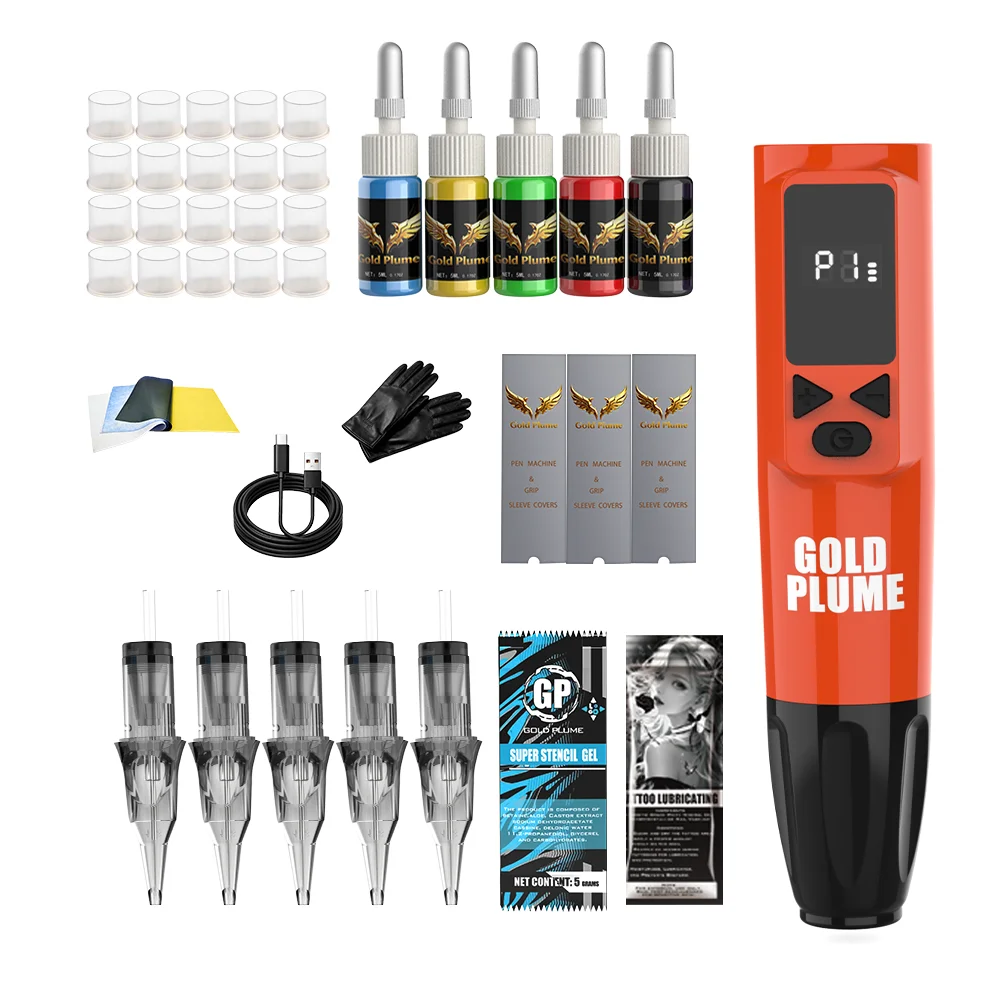 GOLDPLUME Wireless Orange Black Tattoo Machine Kit with 5 Cartridges 5-Color Ink Full Accessories for Beginners Pros
GOLDPLUME Wireless Orange Black Tattoo Machine Kit with 5 Cartridges 5-Color Ink Full Accessories for Beginners Pros