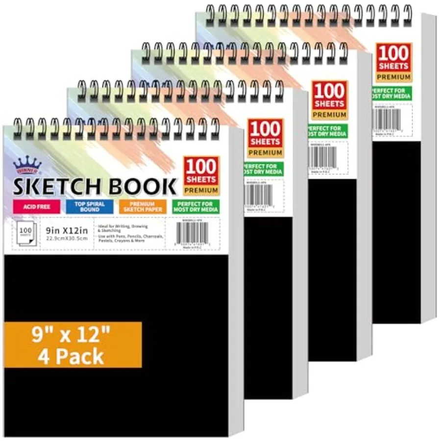 9 x 12 Sketch Book 4 Pack with 400 Sheets Spiral Bound Art Sketchbook for Drawing and Writing 68lb/100gsm Acid-Free White Paper
9 x 12 Sketch Book 4 Pack with 400 Sheets Spiral Bound Art Sketchbook for Drawing and Writing 68lb/100gsm Acid-Free White Paper