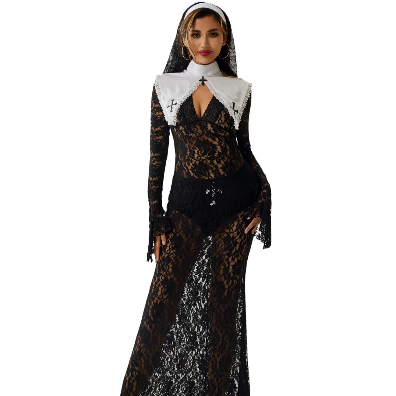 Gothic Nun Costume Black Lace Long Sleeve Maxi Length Dress with White Collar
Gothic Nun Costume Black Lace Long Sleeve Maxi Length Dress with White Collar