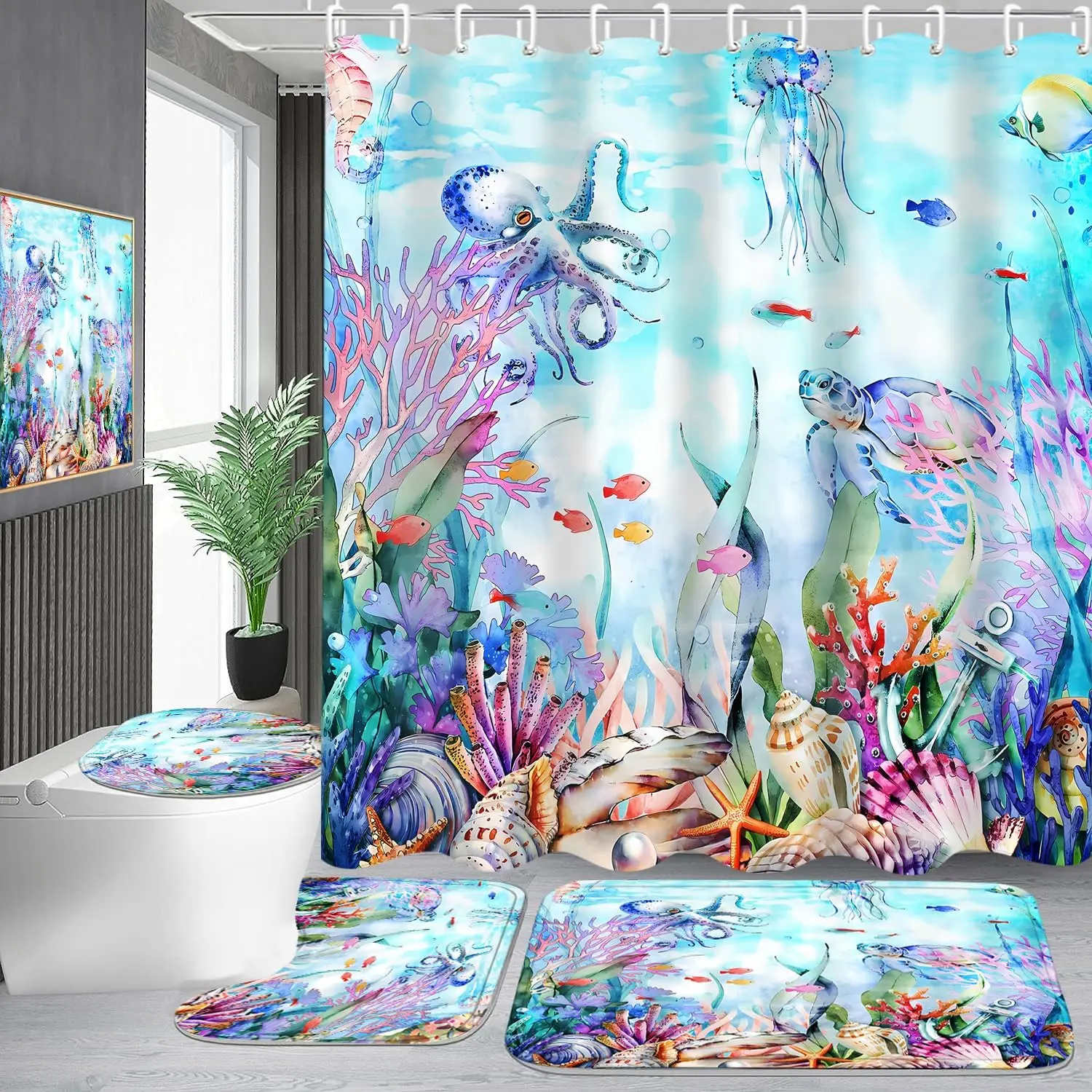 Blue Ocean Sea Life Shower Curtain Set with Rugs, Octopus Turtle Coral Design, Includes Hooks for Bathroom Decor
Blue Ocean Sea Life Shower Curtain Set with Rugs, Octopus Turtle Coral Design, Includes Hooks for Bathroom Decor