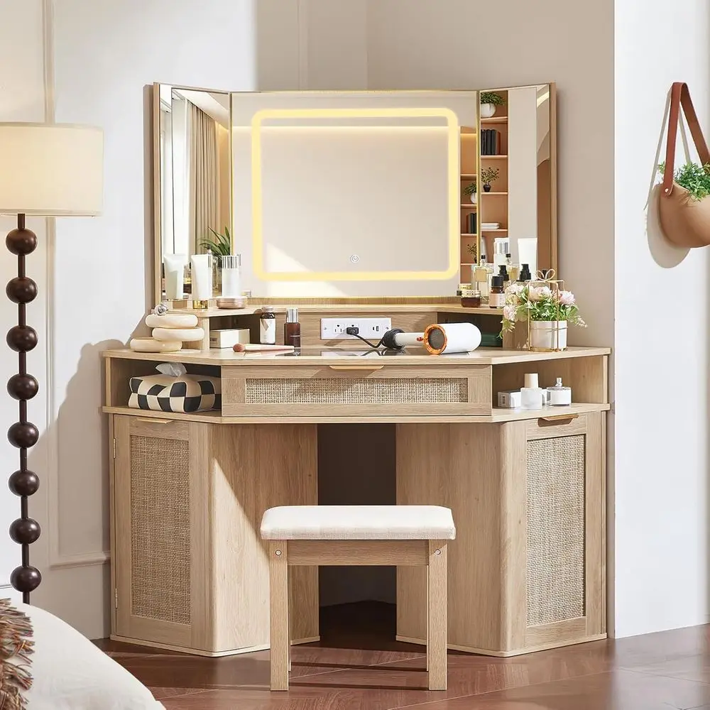 46 Rattan Vanity Desk with 3-Way Mirror, Stool, and Glass Top Makeup Storage Cabinet for Bedroom
46 Rattan Vanity Desk with 3-Way Mirror, Stool, and Glass Top Makeup Storage Cabinet for Bedroom