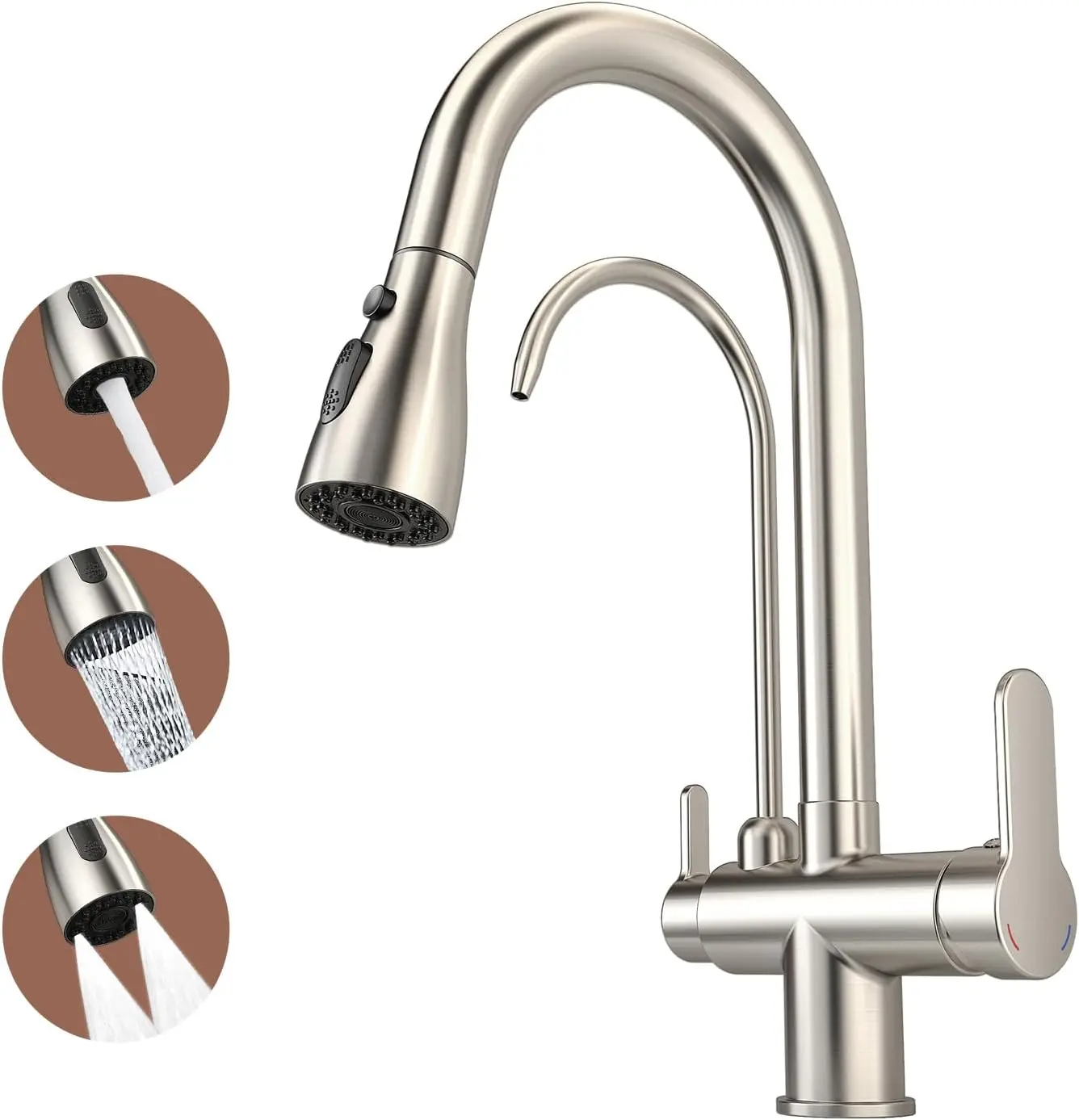3-in-1 Pull-Down Kitchen Faucet with Filter, Hot & Cold Water Mixer, Brushed Nickel Finish
3-in-1 Pull-Down Kitchen Faucet with Filter, Hot & Cold Water Mixer, Brushed Nickel Finish