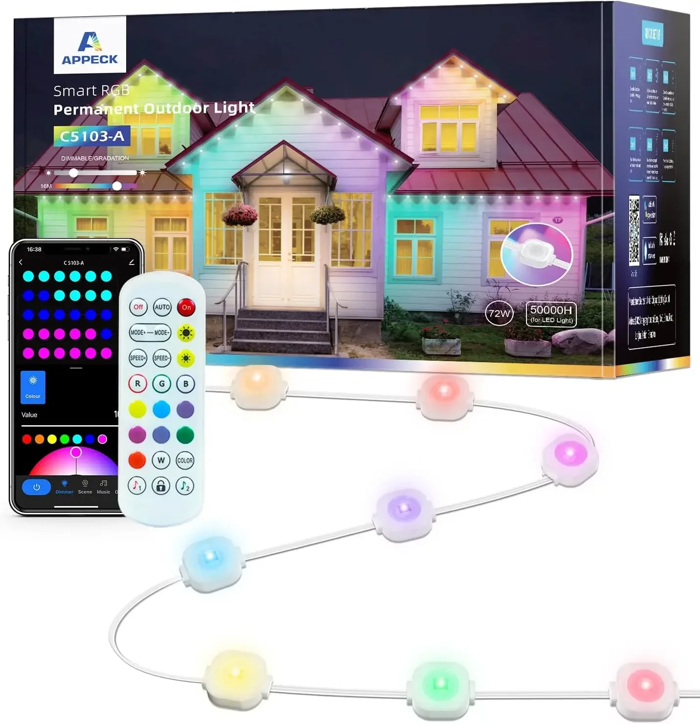 Outdoor Lights 100ft, Smart RGB Outdoor Lights with 72 LEDs, IP65 Waterproof LED Eaves Lights, 54 Scene Modes Lighting
Outdoor Lights 100ft, Smart RGB Outdoor Lights with 72 LEDs, IP65 Waterproof LED Eaves Lights, 54 Scene Modes Lighting
