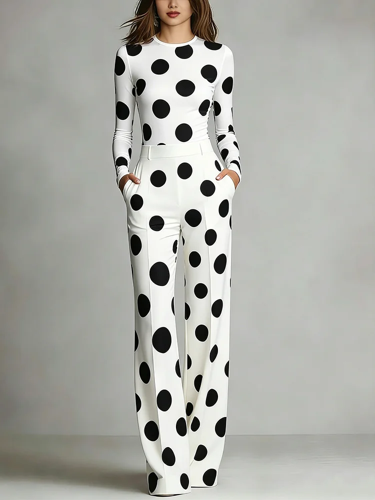 Women's Fashion Polka Dot Print 2 Piece Set Long Sleeve Top & Wide Leg Pants With Pocket Casual Street Daily Wear Outfit Set
Women's Fashion Polka Dot Print 2 Piece Set Long Sleeve Top & Wide Leg Pants With Pocket Casual Street Daily Wear Outfit Set