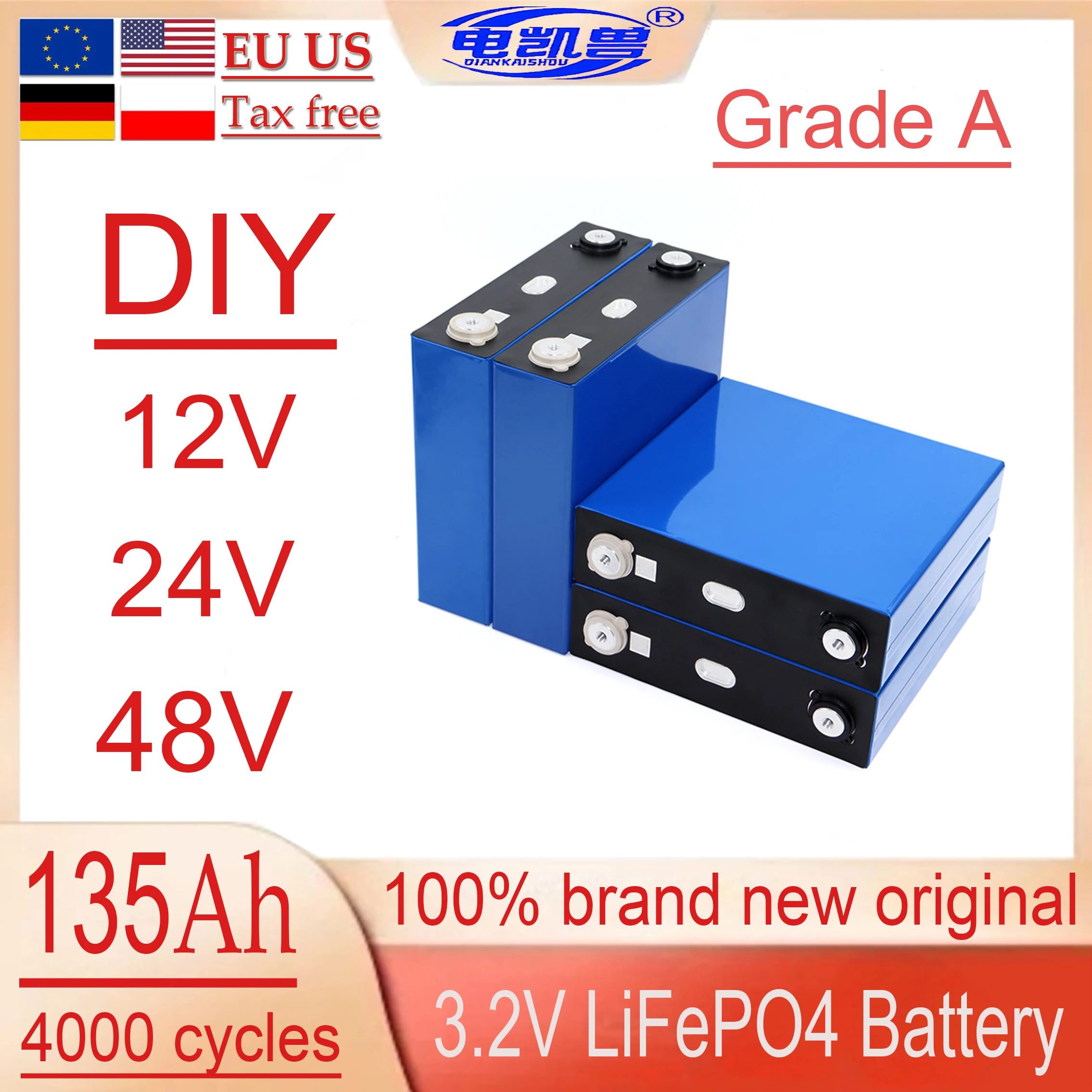 Brand New 3.2V Lifepo4 135Ah Battery 1-16PCS DIY 12V 24V 48V High Capacity Cell Grade A Lifepo4 Battery RV Grade A With Busbars
Brand New 3.2V Lifepo4 135Ah Battery 1-16PCS DIY 12V 24V 48V High Capacity Cell Grade A Lifepo4 Battery RV Grade A With Busbars